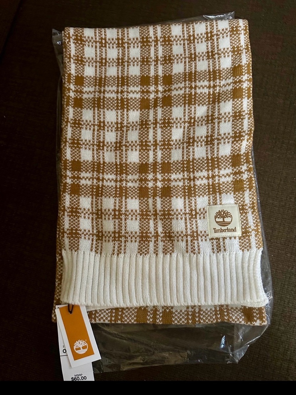Timberland Camel and White Plaid Knit Scarf
